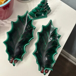 Three piece Christmas holiday ornaments ceramic set